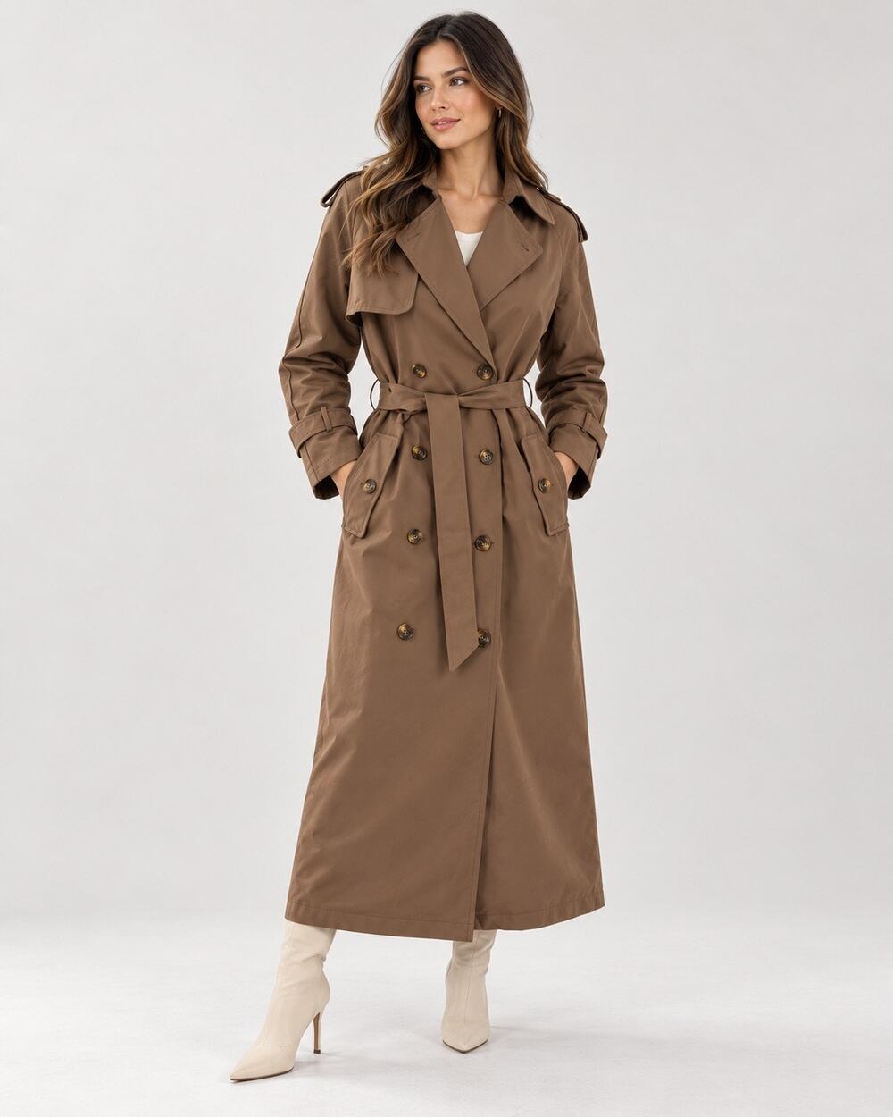 PrettyLittleThing Petite Trench Coat Womens 0 Brown Belted Long Double Breasted